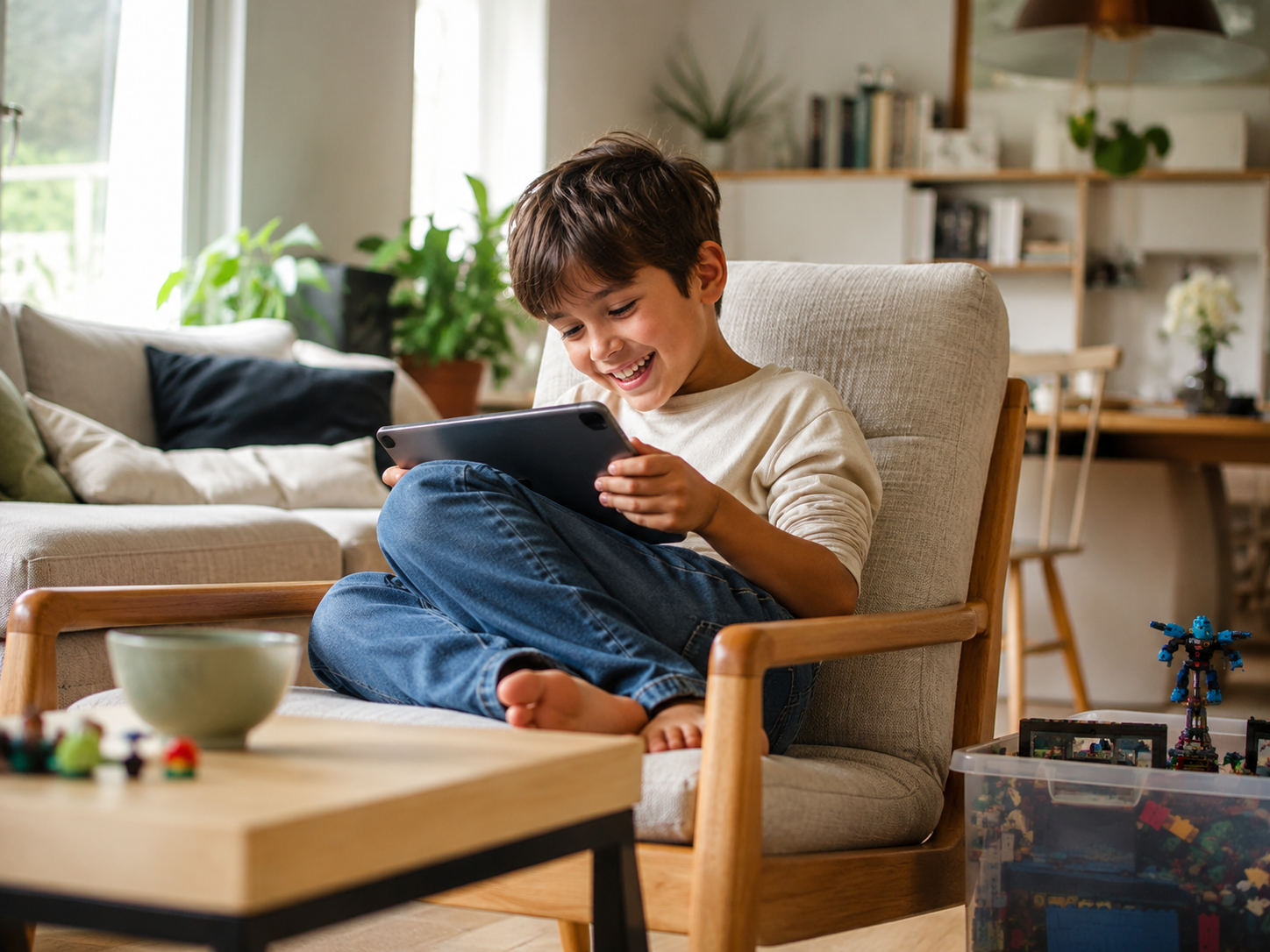 A child absorbed in a game at home, warm afternoon light